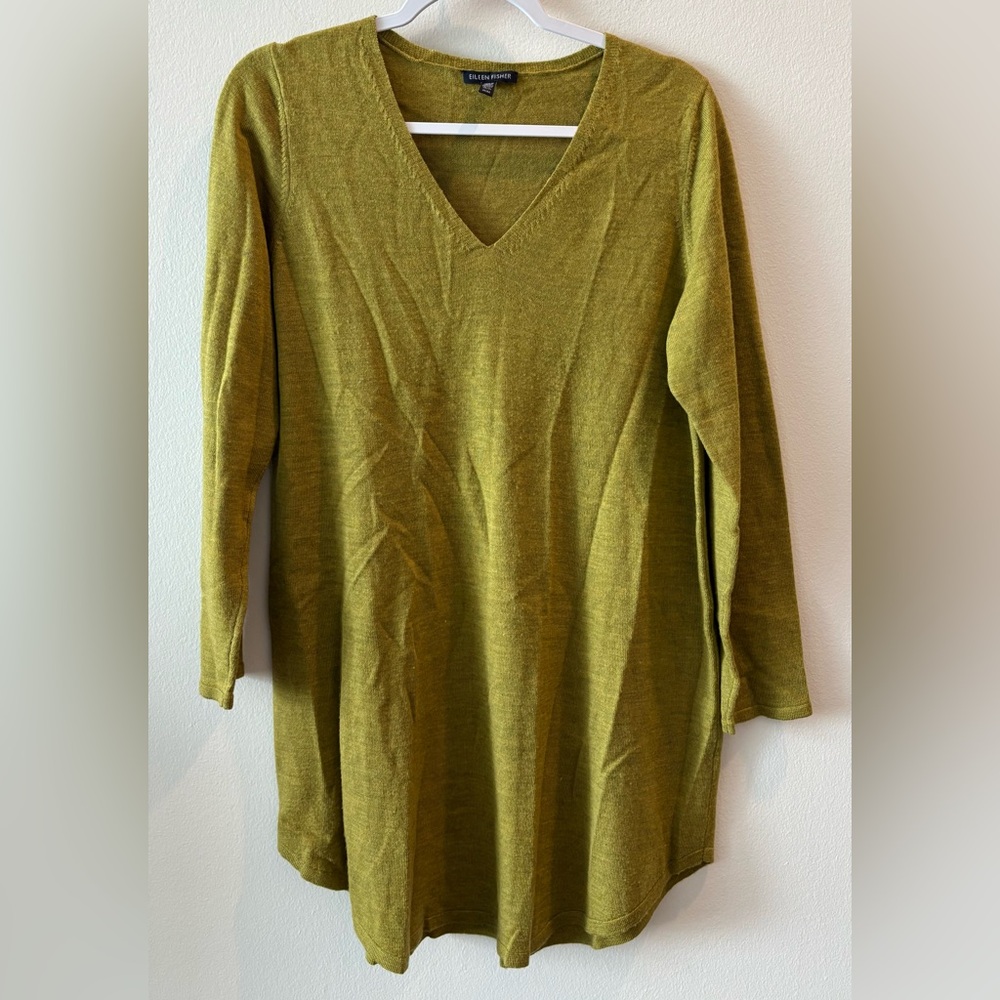 Eileen Fisher 100% Wool Olive Green Asymmetrical Tunic Dress Size M sku#17